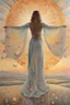 Placeholder: back view of a woman in a long dress with straps, long hair, arms outstretched, welcoming the rising sun, beautiful painting, textures, pastel colors, vintage, pale sky, rising sun, light globes, butterflies, gratitude, stunning image