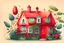 Placeholder: House illustration, realistic, detailed, illustrative, childrenbook style, Red house, cute plants, straberry