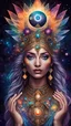 Placeholder: an image of a celestial goddess and cosmic energy emanating from her fingertips. Use intricate details to create a cosmic headdress and incorporate vivid colors to represent the vastness of the universe