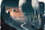 Placeholder: space city, people on the streets, destroyed planet in the sky above the city