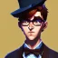 Placeholder: tall young man witbh square glasses, brown hair and grey eyes. He wears blue shirt, dark tails, bow tie and colorful chimney pot hat.