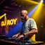 Placeholder: A dj on a night rave club standing mixing songs , he looks like Bryan Cranston kinda, bald with beard. strobes and blue yellow light, a big sign with "DJ ROY" in the background, this is a album cover for his dj roy assentials album.