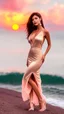 Placeholder: very nice real face beautiful sexy roman with make up at the beach standing pose in a short lace red and silver dress, full body, 3D cloudy sky volumetric nice clouds 8k sharp focus,sunset,golden hour,medium shot