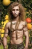 Placeholder: full body image of a beautiful 12 year old arabic boy with long, blonde curly hair and light blue eyes, smiling, shirtless, in front of a distant mango tree