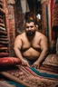 Placeholder: close up photography of a burly chubby strong 35-year-old arab in Istanbul bazaar, shirtless, selling carpets sitting on a pile of carpets, biig shoulders, manly chest, very hairy, side light, view from the ground