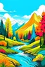 Placeholder: create cover paint,colorful nature landscape with mountains and many trees,stream,style coloring book