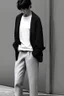 Placeholder: Long black formal jacket with a black shirt and gray pants Photorealistic