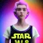 Placeholder: full body photo of smiling feminine pretty 19 year old boy wearing a star wars shirt, with rainbow glitter eye make-up, flat chest, pronounced adam's apples, short and long pink hair, no body hair, no tattoos, lgbt, transgender, highly detailed, photo realistic, plain background, still shot, photo realism, full body photo, 8k high resolution, high detail, --ar 2:3 --v 4