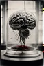 Placeholder: Vintage black and white photograph of a brain, spattered with blood underneath a glass dome, low contrast, natural light, grainy film, dust overlay, 35 mm film, polaroid , scientific art, human anatomy