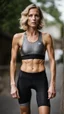 Placeholder: photography of a beautiful anorexic woman, grey satin triathlon top, sports illustrated, blond short wavy bob haircut, pronounced sternum, flat chest, anthracite cycling leggins