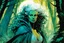 Placeholder: create a wildly conceptual closeup full body print illustration of a feral female mage with highly detailed hair and feminine facial features, in an ethereal, otherworldly ,ancient summer forest , in the comic book art style of Bill Sienkiewicz, Mike Mignola, Sparth, and Jean Giraud Moebius, finely drawn, colored, and inked, suffused with dramatic natural light and shadow of sunset