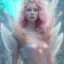 Placeholder: a pink castle, a cheerful fairy in front, big smile, pink, blonde hair, beautiful, whole face, whole top hair head, wide open blue eyes, transparent wings onn the back, hyperrealism, masterpiece, expert, cinematic lighting, sharp focus, 8K, pastel, macro lens, woman, detailed, flower