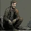 Placeholder: man, ethan hawk, sitting, smiling, comic book, post-apocalypse, grey background, illustration,