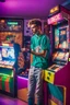 Placeholder: a millineal teenage boy is playing video arcade games, bright colored clothes from the 90s, hairstyles of that time