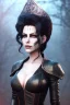 Placeholder: Amy Dumas as evil queen in black leather, leather, busty, cleavage, angry, rage, stern look. character design by cory loftis, fenghua zhong, ryohei hase, ismail inceoglu and ruan jia. unreal engine 5, artistic lighting, highly detailed, photorealistic, fantasy