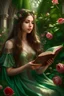 Placeholder: Italian girl with long light brown hair and green eyes, that wears a fantasy dress, that is reading in a fantasy garden full of roses, photorealistic