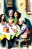 Placeholder: Jewish family is sitting at a table with a birthday cake. Watercolour