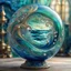 Placeholder: A translucent navy blue and glass platinum sphere filled with swirly ocean waves, inside a old village, flowy swirls, golden lines, 3D, alcohol ink effects, sprinkle glitter, pearls, beads.standing in front of a big wavy ocean in blue and green colors. fantastical, intricate detail, complementary colors, fantasy concept art,