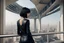 Placeholder: girl wearing black leather, shoulder-length bob, with fringe, in a science fiction building leaning over a balcony, looking at a large city