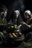 Placeholder: The three witches from macbeth sitting around a streaming cauldron, the one on the left dressed as lady macbeth offering a crown, the middle one dressed as a Spanish gypsy offering herself and the one on the right, naked apart from a fig leaf, is holding out an apple