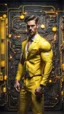 Placeholder: Hyper Realistic handsome muscular Electric-Superhero wearing fancy yellow tuxedo in a dark-rustic-circuit-room with electric-sparks & a massive circuit-board-wall