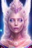 Placeholder: 1 full body shot,masterpiece galactic pink metalic, cosmic princesse belle fine, profil de trois quart, grand front cosmique, peau blanc cristalline pailletée, yeux bleu, perle sur le front long cheveux blond et rose etoilé, cristaux sur le corps, collier de grande princesse, levres souriante, très jolie sourire, longs cheveux blonds,ailes roses transparents, costume galactique bleu metallisé,