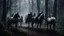 Placeholder: ral-mythcr, wild hunt, mythical creature, a photorealistic image of the Wild Hunt, a dramatic and mystical scene set in a dark, foreboding forest, the scene features ghostly figures on horses