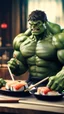 Placeholder: a hulk eating sushi with chopsticks, photo, 8K UHD, police