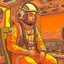 Placeholder: Moebius style scifi pilot with headphones, pilot helmet and exosuit sitting in a starship cockpit with solid earthy colors with a desert and dusty station in the background