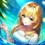 Placeholder: 8k, Girl, high quality, detailed, golden hair, green eyes, beautiful lighting, vibrant colors, playing in water, smiling