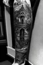 Placeholder: Abstract blackwork renaissance architecture botanical leg sleeve tattoo idea for guys