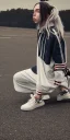 Placeholder: Billie Eilish, kneeling, underpants, white socks, rear view, pale skin, high detail, realistic, 8k, not to be distinguished from a photo