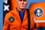 Placeholder: Mike pence G.i. joe toy doll space force uniform inside a blister package hanging on A rack in toystore, fluorescent orange, wide angle shot whole body, black moonboots, pricetag