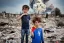 Placeholder: portrait of unkempt child ukranian war refugee waving a NATO flag amidst rubble and ruins with mushroom cloud in the background