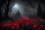 Placeholder: Creepy Night, mist, red flowers, gothic horror and disturbing influence, mistery, rocks, mountains, trees, photography