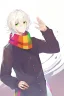 Placeholder: Anime style, Make the art more realistic in the anime version, man, Green eyes, Wearing a colorful scarf around your neck.
