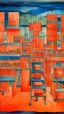 Placeholder: A salmon orange factory filled with machines painted by Paul Klee