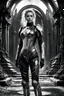 Placeholder: Generate an 8k image of a futuristic Hollywood superstar with android features, inspired by Luis Royo's art, wearing a metallic exosuit.In black and white, he draws the stages of human development from fetus to old age In a long room and a graveyard, and there is only one lighting source