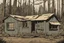 Placeholder: Lodge, administrative cabin, overgrown, post-apocalyptic, comic book, camp site signs