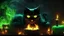 Placeholder: An ethereal Black Halloween cat with bright green eyes sitting on a Jack-O-Lantern, various sized candles are lit around them, a witches cauldron is brewing over a fire in the background, 4k, smoke effects, lighting effects.