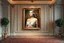 Placeholder: a very beautiful lady upper body photo in pretty frame hanging a wall in a luxury galery stage with carpets in floor