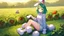 Placeholder: Girl, green hair,rabbit paws in hand, farm, sit, rabbit paws in feet, blushed, eat a carrot