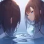 Placeholder: anime girl is looking at her reflection in the mirror.the reflection is the opposite of what she is in reality