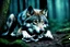 Placeholder: sad wolf with a chain around its neck laying down, photorealistic, dark fantasy, forest