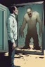 Placeholder: a man looking into a shattered mirror and seeing a horrifying, abstract deranged monster in his reflection