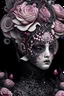 Placeholder: Beautiful bioluminescense black and silver humanoid lady snail textured detailed lace ornate house portrait, adorned with white and pink flower dust, pink rose and black rose silver dust beads, wearing diadem headress, wearing Renaissance costume, organic bio spinal ribbed detail of Renaissance textured bioluminescense watery floral silver floral dust creative background maximálist hyperrealistic concept art