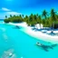 Placeholder: A pristine tropical island with palm trees, speed boats, crystal-clear turquoise waters, and a deserted white-sand beach.