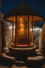 Placeholder: Wise men of the mountain of light on a prayer wheel, illuminated in a circle of stones, all in a sacred temple