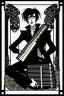 Placeholder: goth male necromancer with black hair playing a autoharp in the style of Aubrey Beardsley