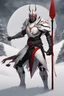 Placeholder: The character, depicted in a striking white armour against a wintry backdrop stands with his hands behind his back inside the scene, he has a red and black circular symbol on his chest like a shield, a black pointed spear with a red handle on his back, His eyes are showing a dynamic expression and he wears a black oni mask with white teeth covering the bottom part of his mouth he has brown shoulder pads and a white belt with a bag attached to it. He has dark brown hair, he does not wear a helmet